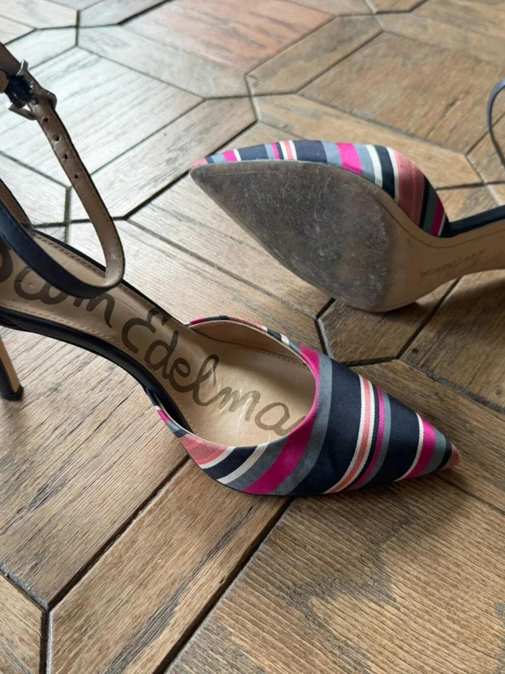 Sam Edelman Multi-Color Striped Satin Ankle Strap Pointed Toe Heels Size 7.5 EUC